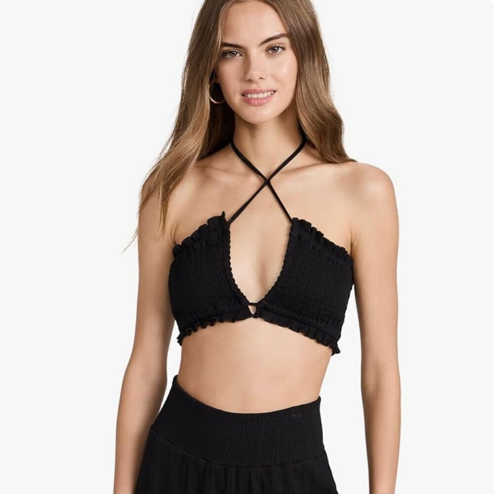 BB DAKOTA Women's Black Catch A Glance Smocked Ruffle Crop Top Size Medium NWT